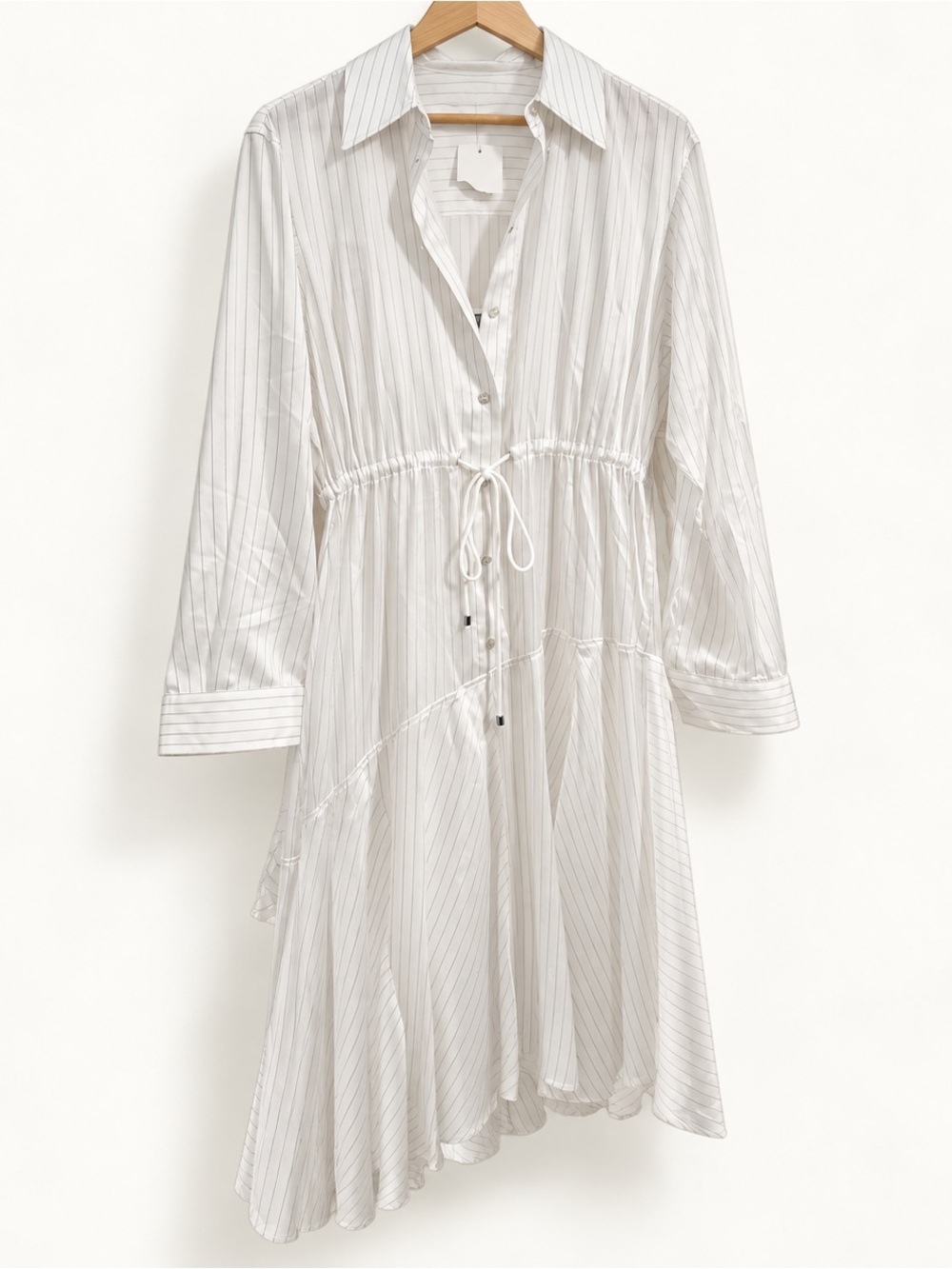 White Pinstripe High-Low Shirt Dress with Drawstring Waist